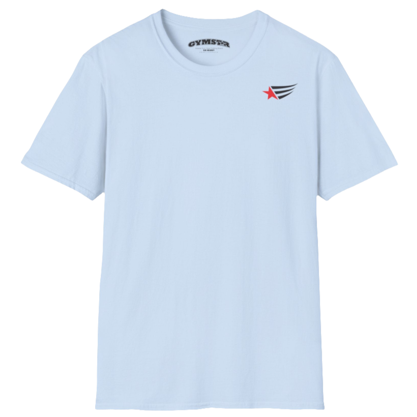 A men's light  blue short-sleeved t-shirt Gymstar designed for fitness. It features a small logo on the left chest, which consists of a red star and three black stripes. 