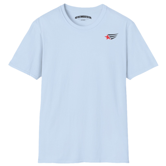 A men's light  blue short-sleeved t-shirt Gymstar designed for fitness. It features a small logo on the left chest, which consists of a red star and three black stripes. 