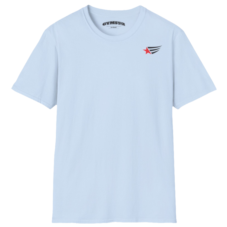 A men's light  blue short-sleeved t-shirt Gymstar designed for fitness. It features a small logo on the left chest, which consists of a red star and three black stripes. 
