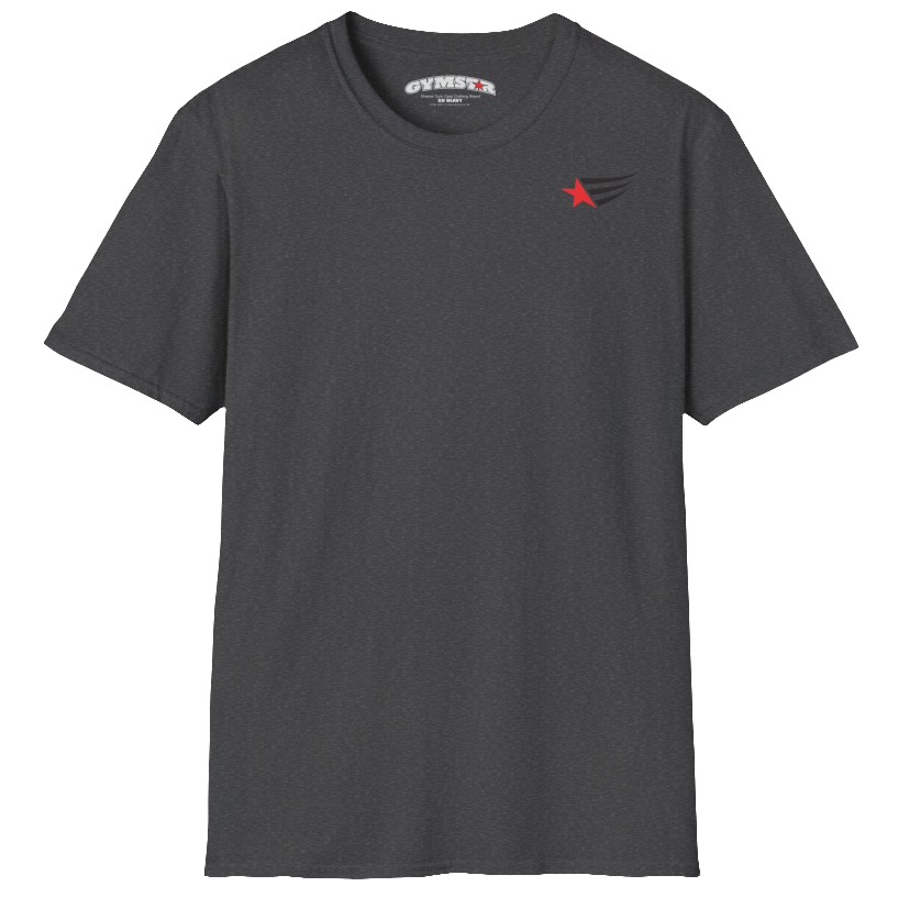A men's dark grey short-sleeved t-shirt Gymstar designed for fitness. It features a small logo on the left chest, which consists of a red star and three black stripes. 