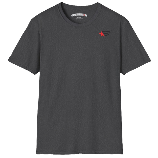 A men's dark grey short-sleeved t-shirt Gymstar designed for fitness. It features a small logo on the left chest, which consists of a red star and three black stripes. 