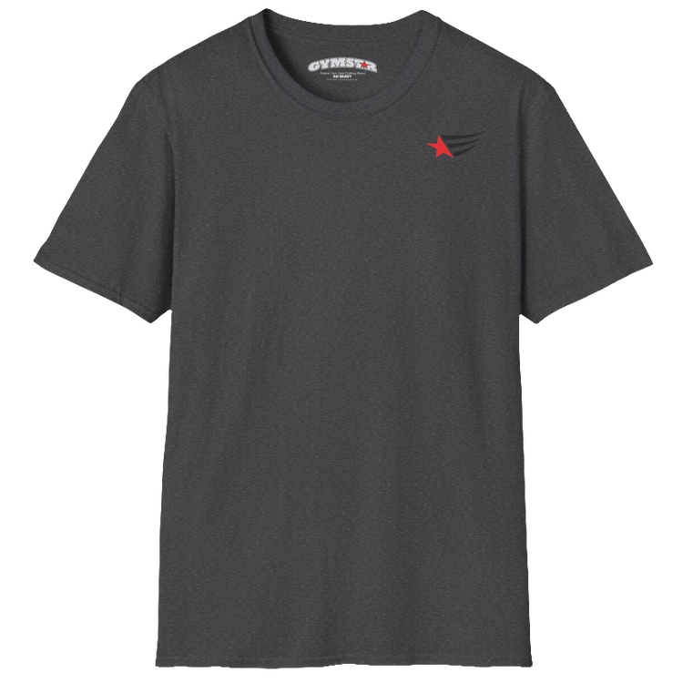 A men's dark grey short-sleeved t-shirt Gymstar designed for fitness. It features a small logo on the left chest, which consists of a red star and three black stripes. 