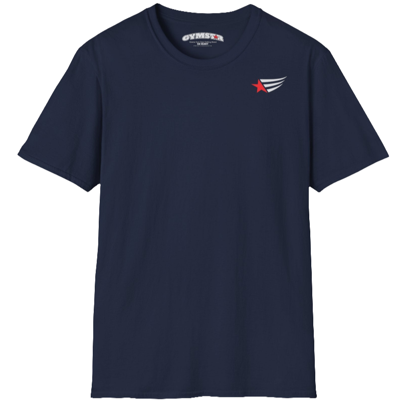 A men's navy blue short-sleeved t-shirt Gymstar designed for fitness. It features a small logo on the left chest, which consists of a red star and three black stripes. 