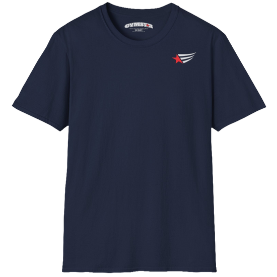 A men's navy blue short-sleeved t-shirt Gymstar designed for fitness. It features a small logo on the left chest, which consists of a red star and three black stripes. 