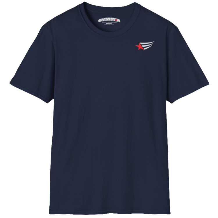 A men's navy blue short-sleeved t-shirt Gymstar designed for fitness. It features a small logo on the left chest, which consists of a red star and three black stripes. 