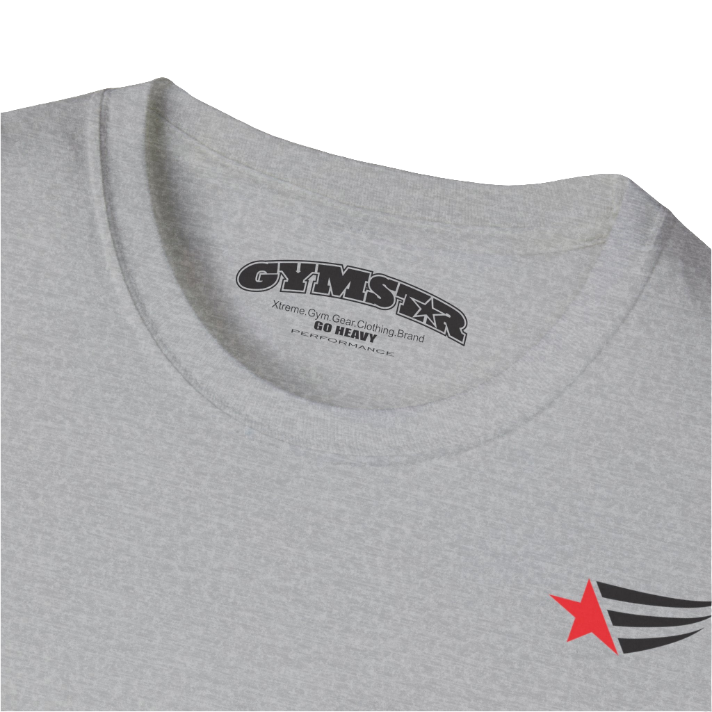 A men's silver grey short-sleeved t-shirt Gymstar designed for fitness. It features a small logo on the left chest, which consists of a red star and three black stripes. Close up view.