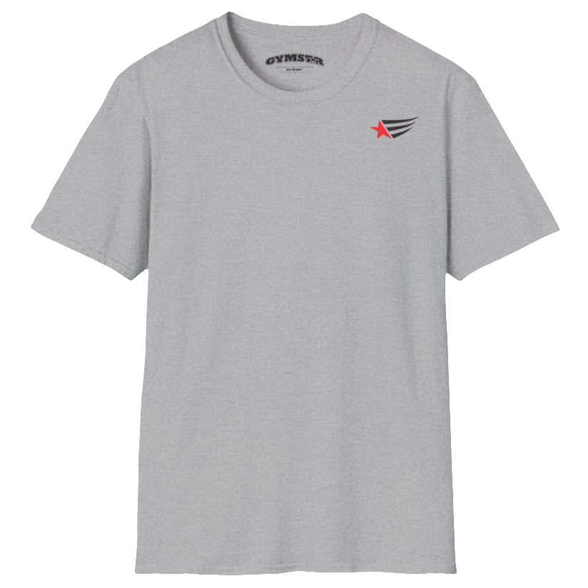 A men's silver grey short-sleeved t-shirt Gymstar designed for fitness. It features a small logo on the left chest, which consists of a red star and three black stripes. 