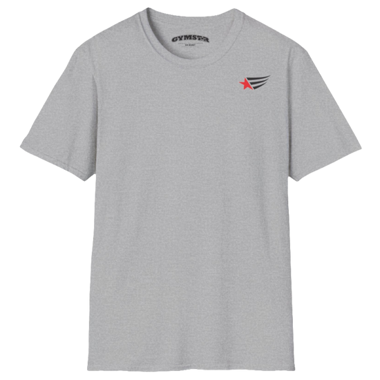 A men's silver grey short-sleeved t-shirt Gymstar designed for fitness. It features a small logo on the left chest, which consists of a red star and three black stripes. 