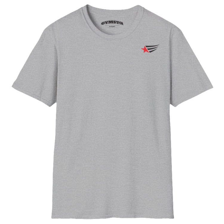 A men's silver grey short-sleeved t-shirt Gymstar designed for fitness. It features a small logo on the left chest, which consists of a red star and three black stripes. 