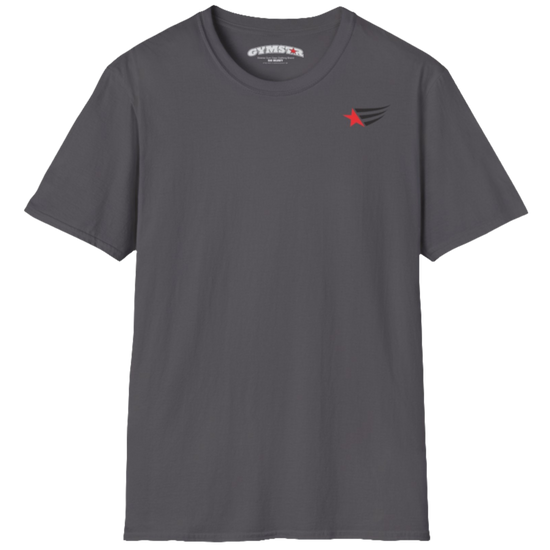 A men's sport grey short-sleeved t-shirt Gymstar designed for fitness. It features a small logo on the left chest, which consists of a red star and three black stripes. 