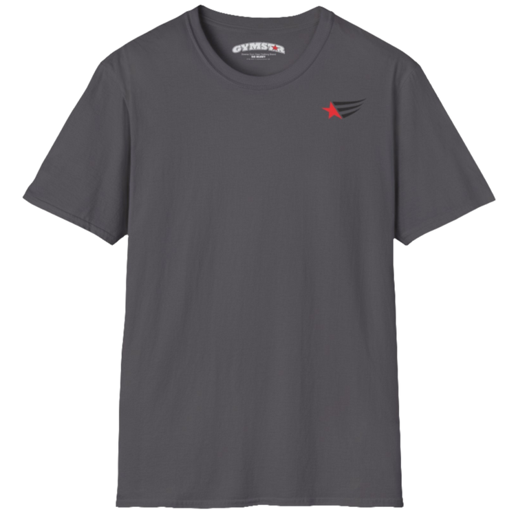 A men's sport grey short-sleeved t-shirt Gymstar designed for fitness. It features a small logo on the left chest, which consists of a red star and three black stripes. 