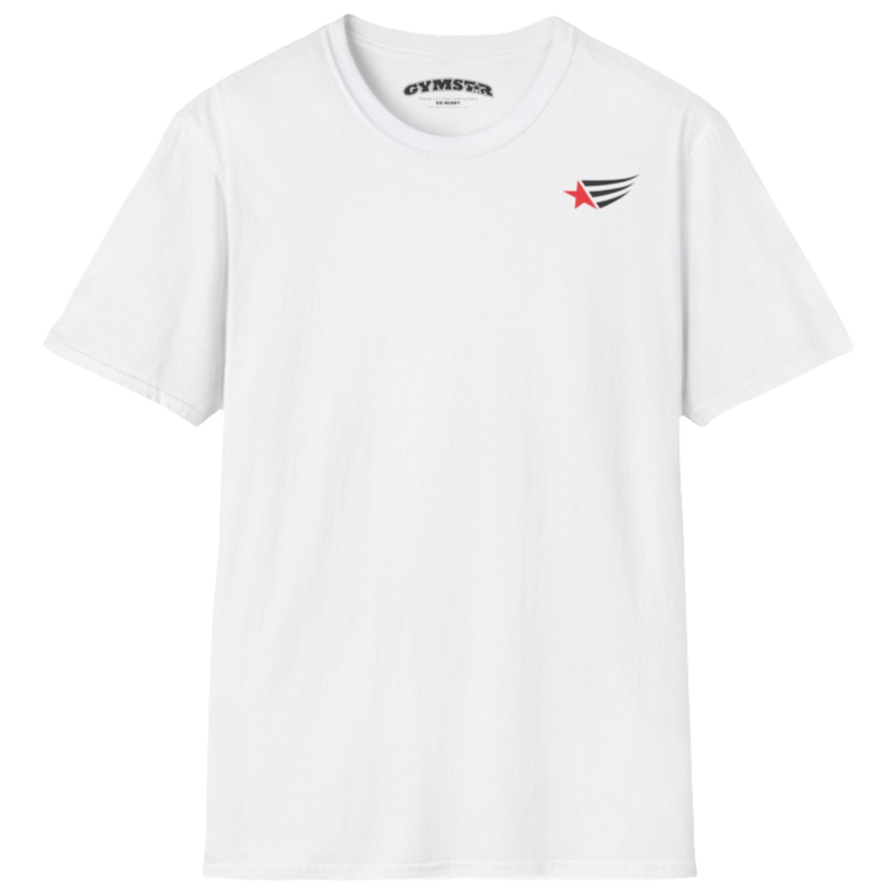 A men's white short-sleeved t-shirt Gymstar designed for fitness. It features a small logo on the left chest, which consists of a red star and three black stripes. 