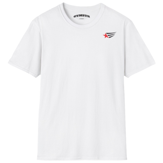 A men's white short-sleeved t-shirt Gymstar designed for fitness. It features a small logo on the left chest, which consists of a red star and three black stripes. 