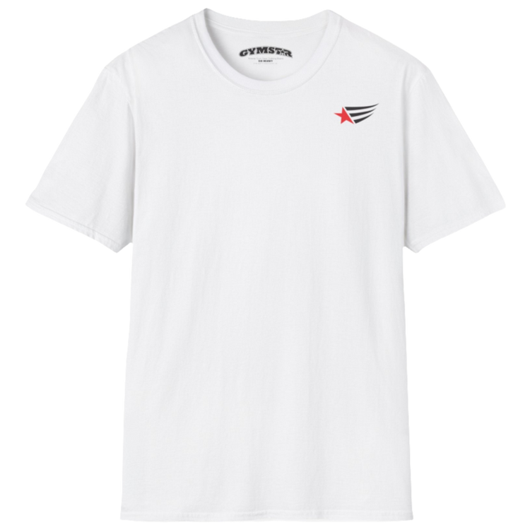 A men's white short-sleeved t-shirt Gymstar designed for fitness. It features a small logo on the left chest, which consists of a red star and three black stripes. 