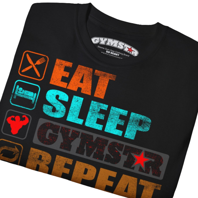  A black sports t-shirt from Gymstar with a modern and motivational design. The chest features a large, colorful print with "EAT," "SLEEP," "GYMSTAR," and "REPEAT" text, each with an icon. This t-shirt is perfect for anyone living a fitness lifestyle and looking for comfortable and stylish apparel for workouts or daily wear. Close up view.