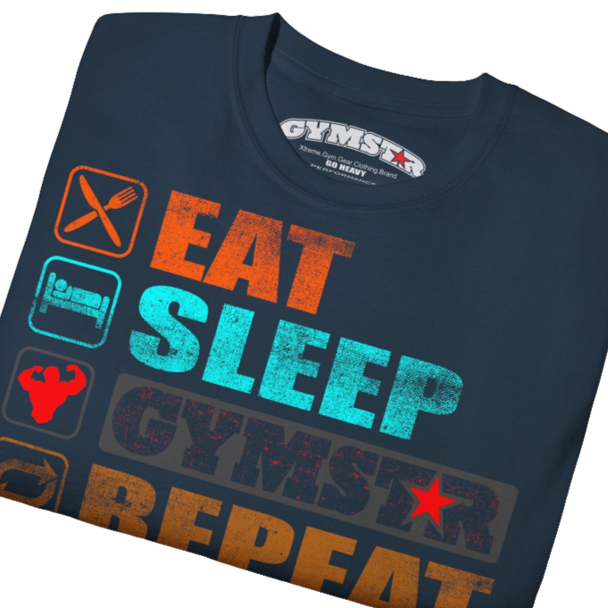  A deep navy men's t-shirt from Gymstar with a modern and motivational design. The chest features a large, colorful print with "EAT," "SLEEP," "GYMSTAR," and "REPEAT" text, each with an icon. This t-shirt is perfect for anyone living a fitness lifestyle and looking for comfortable and stylish apparel for workouts or daily wear. Close up view.