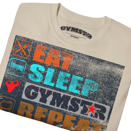  A beige sports t-shirt from Gymstar with a modern and motivational design. The chest features a large, colorful print with "EAT," "SLEEP," "GYMSTAR," and "REPEAT" text, each with an icon. This t-shirt is perfect for anyone living a fitness lifestyle and looking for comfortable and stylish apparel for workouts or daily wear. Close up view.