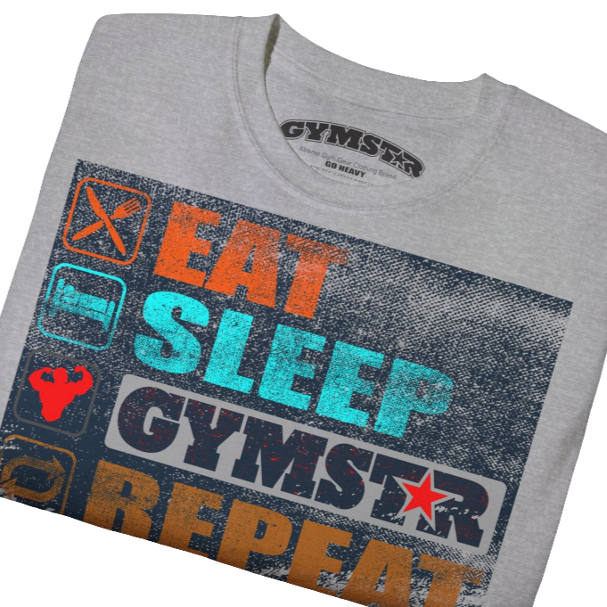  A silver grey sports t-shirt from Gymstar with a modern and motivational design. The chest features a large, colorful print with "EAT," "SLEEP," "GYMSTAR," and "REPEAT" text, each with an icon. This t-shirt is perfect for anyone living a fitness lifestyle and looking for comfortable and stylish apparel for workouts or daily wear. Close up view.