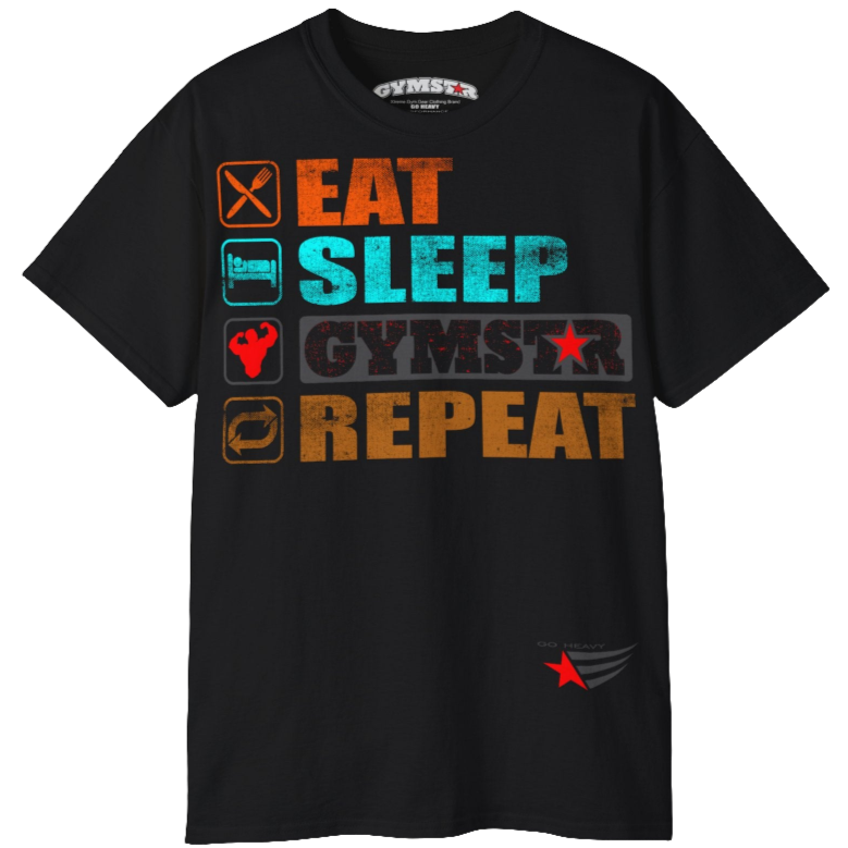 A black sports t-shirt from Gymstar with a modern and motivational design. The chest features a large, colorful print with "EAT," "SLEEP," "GYMSTAR," and "REPEAT" text, each with an icon. This t-shirt is perfect for anyone living a fitness lifestyle and looking for comfortable and stylish apparel for workouts or daily wear. 