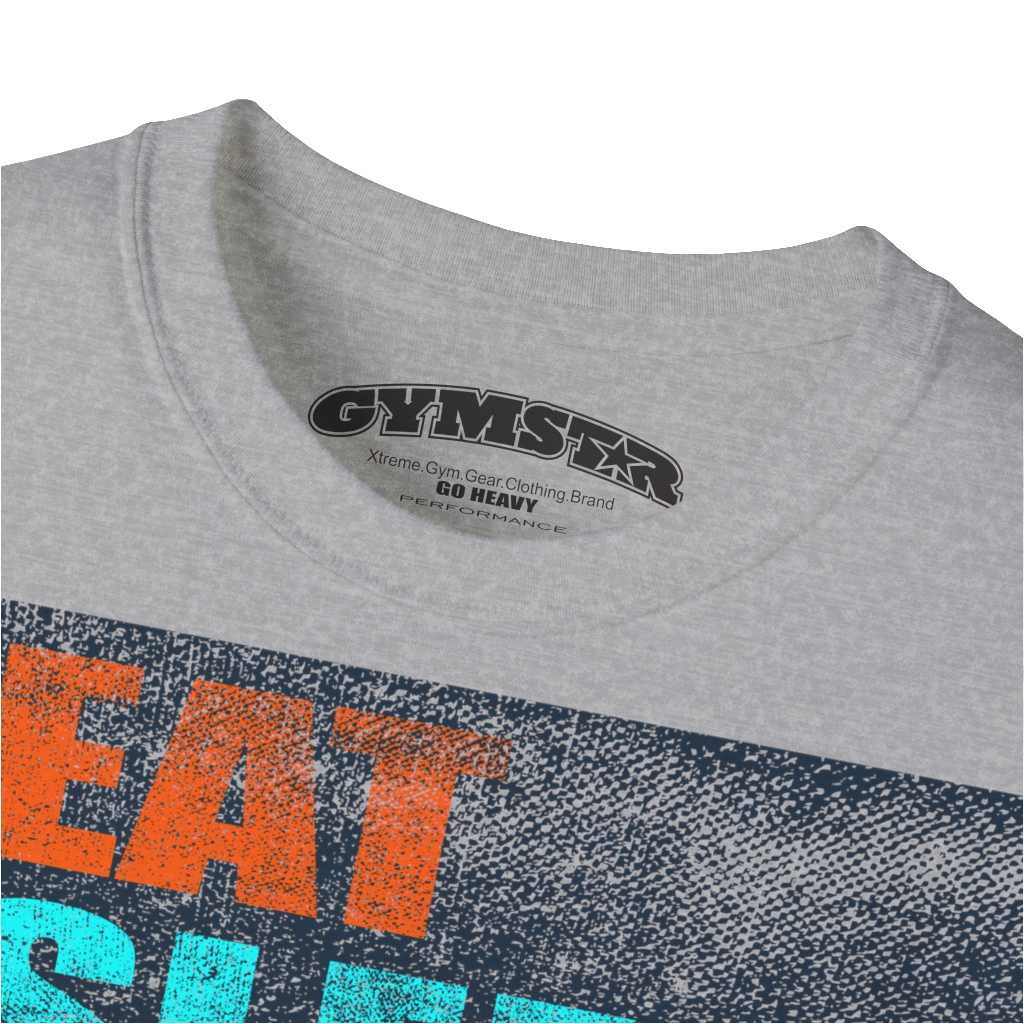  A silver grey sports t-shirt from Gymstar with a modern and motivational design. The chest features a large, colorful print with "EAT," "SLEEP," "GYMSTAR," and "REPEAT" text, each with an icon. This t-shirt is perfect for anyone living a fitness lifestyle and looking for comfortable and stylish apparel for workouts or daily wear. Logo Close up view.