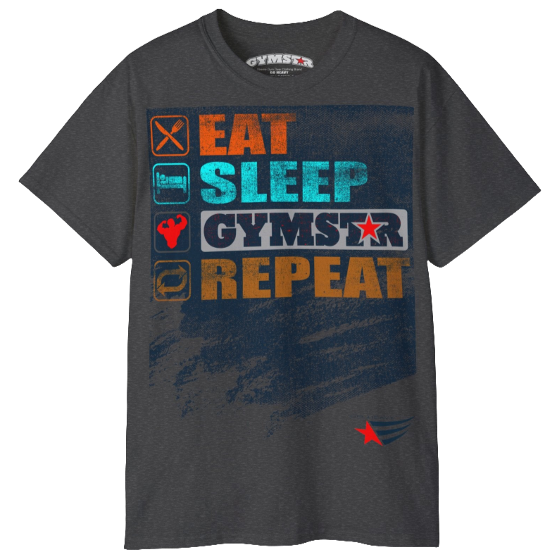 A grey sports t-shirt from Gymstar with a modern and motivational design. The chest features a large, colorful print with "EAT," "SLEEP," "GYMSTAR," and "REPEAT" text, each with an icon. This t-shirt is perfect for anyone living a fitness lifestyle and looking for comfortable and stylish apparel for workouts or daily wear. 