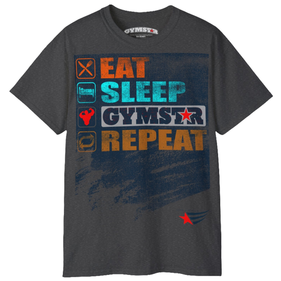A grey sports t-shirt from Gymstar with a modern and motivational design. The chest features a large, colorful print with "EAT," "SLEEP," "GYMSTAR," and "REPEAT" text, each with an icon. This t-shirt is perfect for anyone living a fitness lifestyle and looking for comfortable and stylish apparel for workouts or daily wear. 
