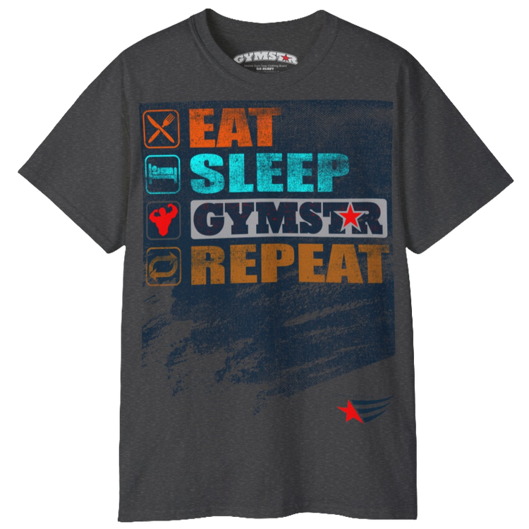 A grey sports t-shirt from Gymstar with a modern and motivational design. The chest features a large, colorful print with "EAT," "SLEEP," "GYMSTAR," and "REPEAT" text, each with an icon. This t-shirt is perfect for anyone living a fitness lifestyle and looking for comfortable and stylish apparel for workouts or daily wear. 