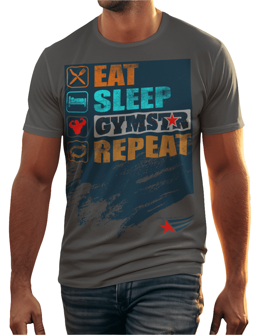 A man wearing sports grey sports t-shirt from Gymstar with a modern and motivational design. The chest features a large, colorful print with "EAT," "SLEEP," "GYMSTAR," and "REPEAT" text, each with an icon. This t-shirt is perfect for anyone living a fitness lifestyle and looking for comfortable and stylish apparel for workouts or daily wear. 