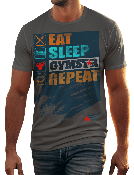 A man wearing sports grey sports t-shirt from Gymstar with a modern and motivational design. The chest features a large, colorful print with "EAT," "SLEEP," "GYMSTAR," and "REPEAT" text, each with an icon. This t-shirt is perfect for anyone living a fitness lifestyle and looking for comfortable and stylish apparel for workouts or daily wear. 