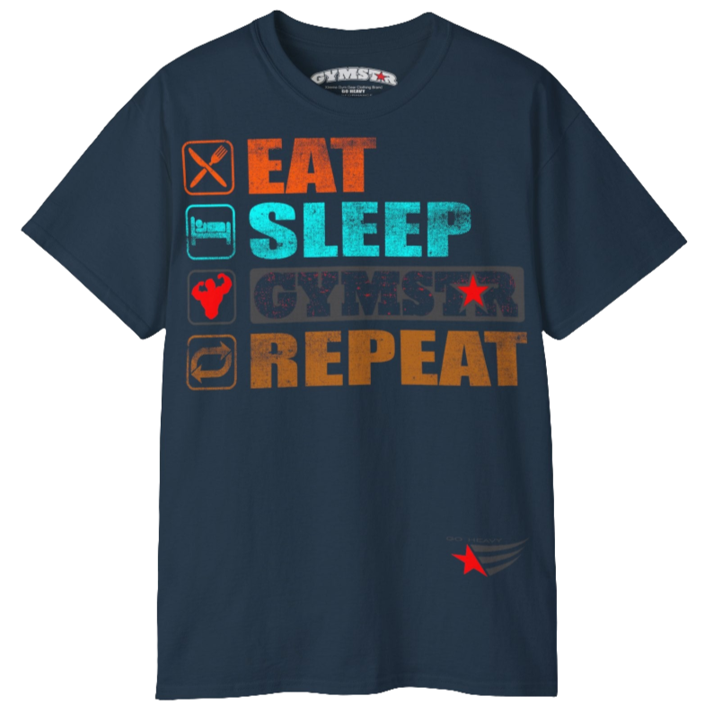 A deep navy sports t-shirt from Gymstar with a modern and motivational design. The chest features a large, colorful print with "EAT," "SLEEP," "GYMSTAR," and "REPEAT" text, each with an icon. This t-shirt is perfect for anyone living a fitness lifestyle and looking for comfortable and stylish apparel for workouts or daily wear. 