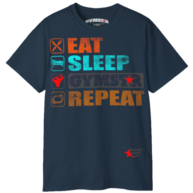 A deep navy sports t-shirt from Gymstar with a modern and motivational design. The chest features a large, colorful print with "EAT," "SLEEP," "GYMSTAR," and "REPEAT" text, each with an icon. This t-shirt is perfect for anyone living a fitness lifestyle and looking for comfortable and stylish apparel for workouts or daily wear. 