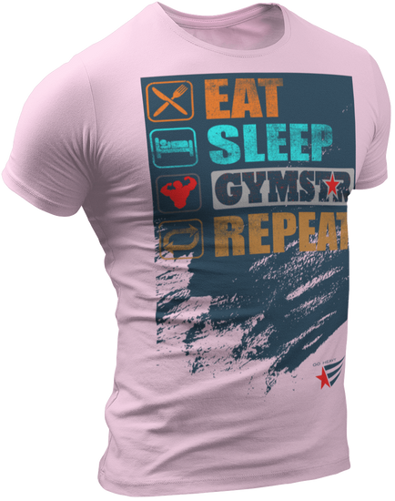 The image shows the front of  a pink sports t-shirt Gymstar with the text 'EAT; SLEEP;GYMSTAR;REPEAT' and a graphics and logo.