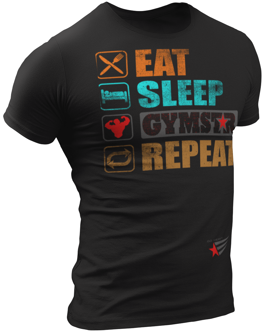 The image shows the front of  a black sports t-shirt Gymstar with the text 'EAT; SLEEP;GYMSTAR;REPEAT' and a graphics and logo.