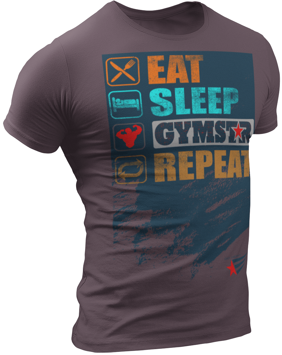 The image shows the front of  a rose sports t-shirt Gymstar with the text 'EAT; SLEEP;GYMSTAR;REPEAT' and a graphics and logo.