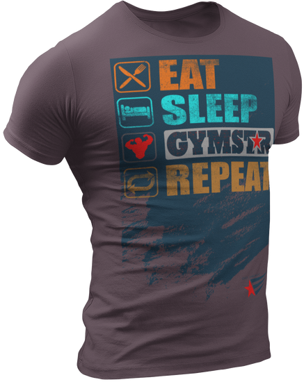 The image shows the front of  a rose sports t-shirt Gymstar with the text 'EAT; SLEEP;GYMSTAR;REPEAT' and a graphics and logo.