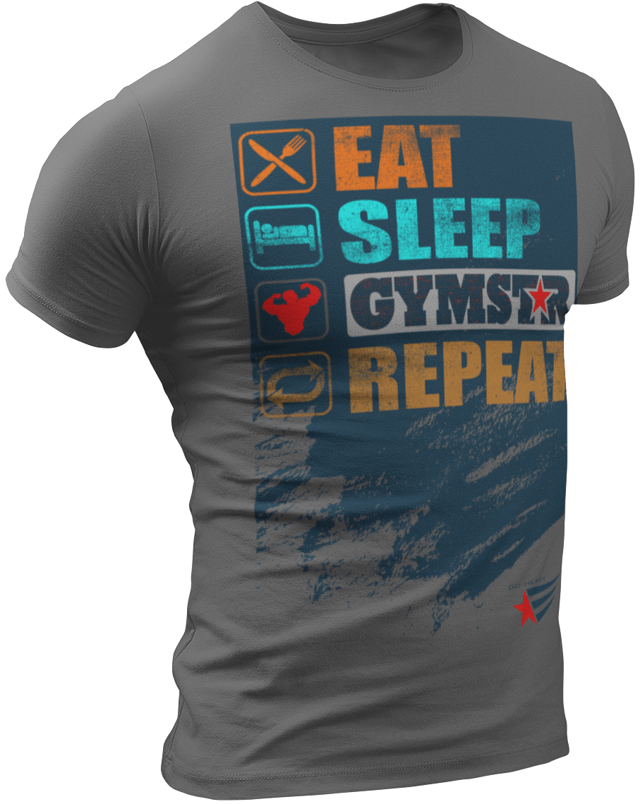 The image shows the front of  a beige sports t-shirt Gymstar with the text 'EAT; SLEEP;GYMSTAR;REPEAT' and a graphics and logo.