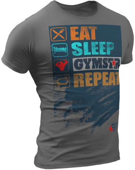 The image shows the front of  a beige sports t-shirt Gymstar with the text 'EAT; SLEEP;GYMSTAR;REPEAT' and a graphics and logo.
