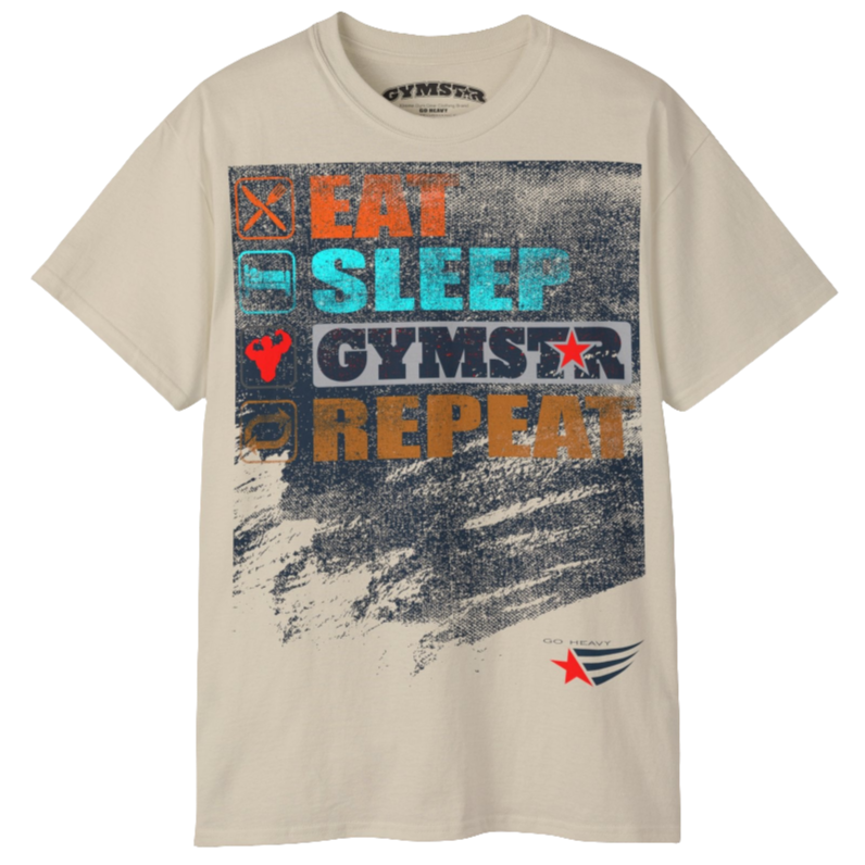 A beige sports t-shirt from Gymstar with a modern and motivational design. The chest features a large, colorful print with "EAT," "SLEEP," "GYMSTAR," and "REPEAT" text, each with an icon. This t-shirt is perfect for anyone living a fitness lifestyle and looking for comfortable and stylish apparel for workouts or daily wear. 