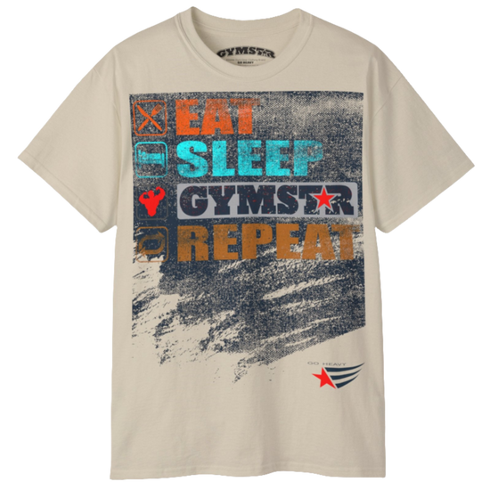 A beige sports t-shirt from Gymstar with a modern and motivational design. The chest features a large, colorful print with "EAT," "SLEEP," "GYMSTAR," and "REPEAT" text, each with an icon. This t-shirt is perfect for anyone living a fitness lifestyle and looking for comfortable and stylish apparel for workouts or daily wear. 