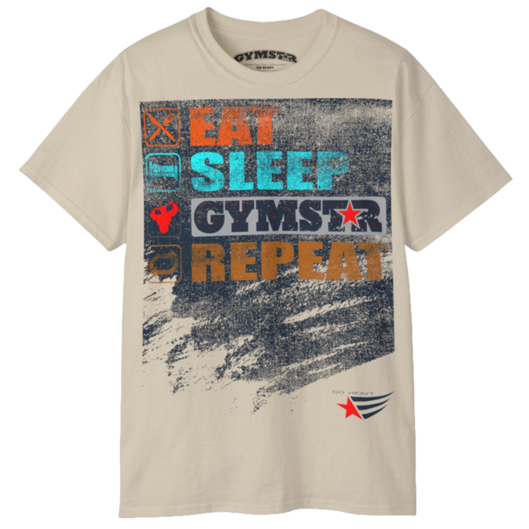 A beige sports t-shirt from Gymstar with a modern and motivational design. The chest features a large, colorful print with "EAT," "SLEEP," "GYMSTAR," and "REPEAT" text, each with an icon. This t-shirt is perfect for anyone living a fitness lifestyle and looking for comfortable and stylish apparel for workouts or daily wear. 