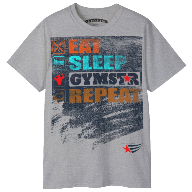 A silver grey sports t-shirt from Gymstar with a modern and motivational design. The chest features a large, colorful print with "EAT," "SLEEP," "GYMSTAR," and "REPEAT" text, each with an icon. This t-shirt is perfect for anyone living a fitness lifestyle and looking for comfortable and stylish apparel for workouts or daily wear. 