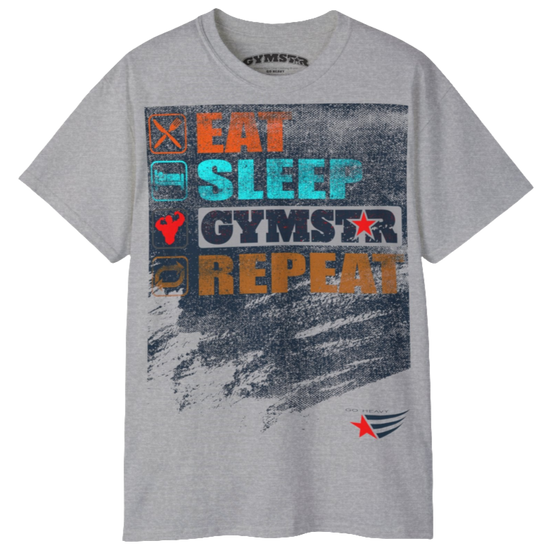 A silver grey sports t-shirt from Gymstar with a modern and motivational design. The chest features a large, colorful print with "EAT," "SLEEP," "GYMSTAR," and "REPEAT" text, each with an icon. This t-shirt is perfect for anyone living a fitness lifestyle and looking for comfortable and stylish apparel for workouts or daily wear. 