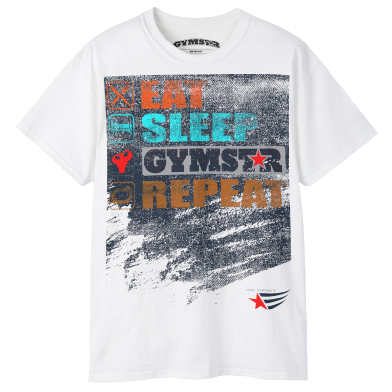 A white sports t-shirt from Gymstar with a modern and motivational design. The chest features a large, colorful print with "EAT," "SLEEP," "GYMSTAR," and "REPEAT" text, each with an icon. This t-shirt is perfect for anyone living a fitness lifestyle and looking for comfortable and stylish apparel for workouts or daily wear. 