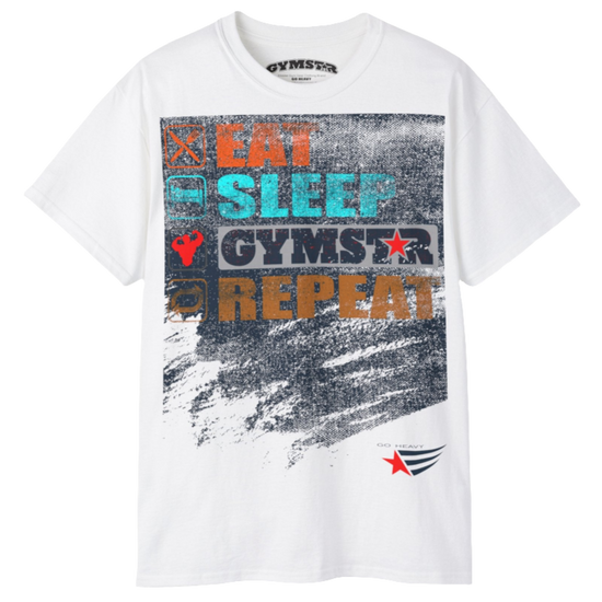 A white sports t-shirt from Gymstar with a modern and motivational design. The chest features a large, colorful print with "EAT," "SLEEP," "GYMSTAR," and "REPEAT" text, each with an icon. This t-shirt is perfect for anyone living a fitness lifestyle and looking for comfortable and stylish apparel for workouts or daily wear. 