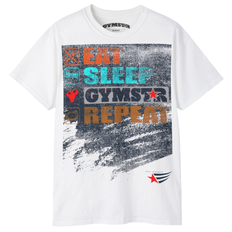 A white sports t-shirt from Gymstar with a modern and motivational design. The chest features a large, colorful print with "EAT," "SLEEP," "GYMSTAR," and "REPEAT" text, each with an icon. This t-shirt is perfect for anyone living a fitness lifestyle and looking for comfortable and stylish apparel for workouts or daily wear. 