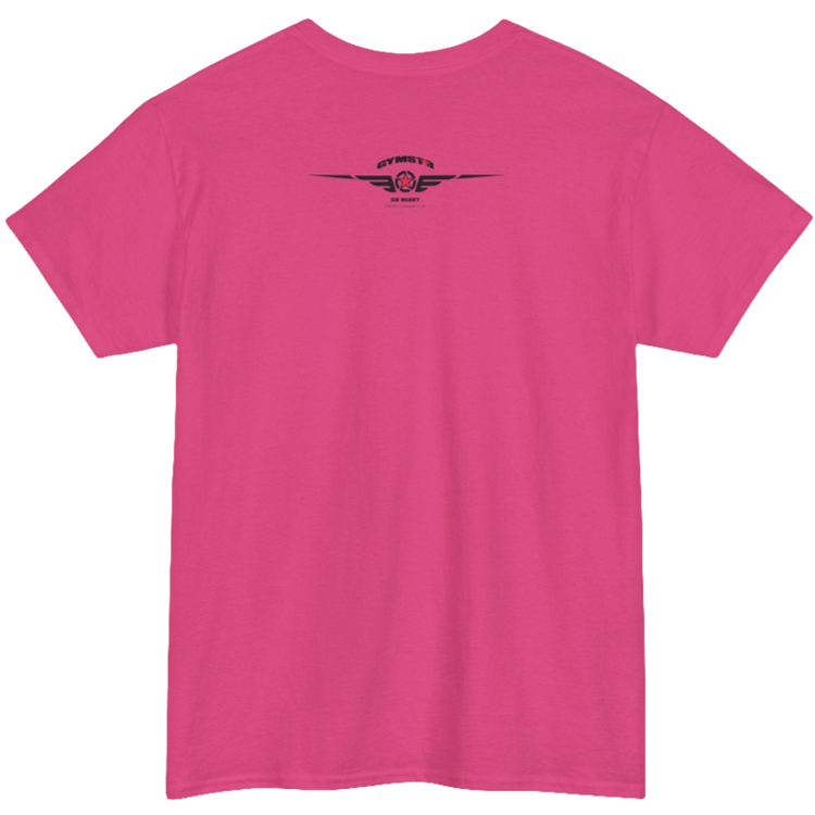 A purple Gymstar tee with a black graphic that reads 'Heavy Duty',  barbell and logo, presumably bodybulding or fitness. Rear view.