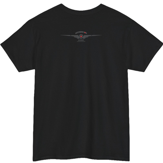 A black Gymstar tee with a black graphic that reads 'Heavy Duty',  barbell and logo, presumably bodybulding or fitness. Rear  view.