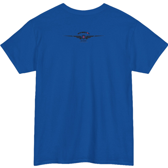 A blue Gymstar tee with a black graphic that reads 'Heavy Duty',  barbell and logo, presumably bodybulding or fitness. Rear  view.