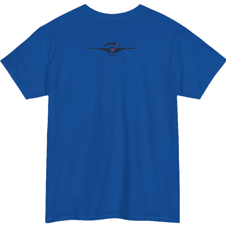 A blue Gymstar tee with a black graphic that reads 'Heavy Duty',  barbell and logo, presumably bodybulding or fitness. Rear  view.
