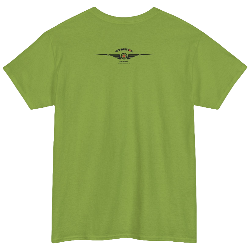 A kiwi Gymstar tee with a black graphic that reads 'Heavy Duty',  barbell and logo, presumably bodybulding or fitness. Rear  view.
